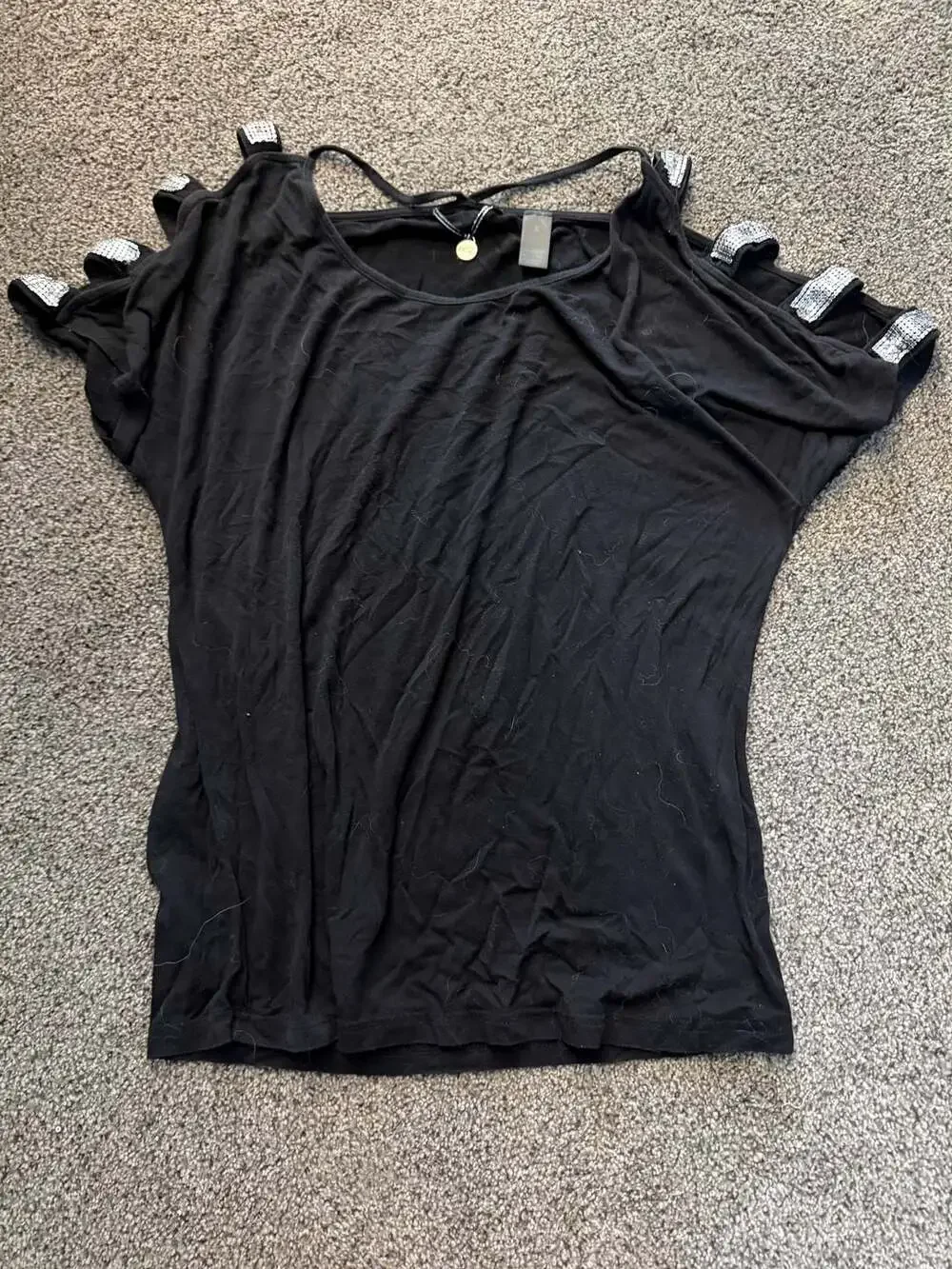 BKE Boutique Black Cold Shoulder Short Sleeve Top with Rhinestone S